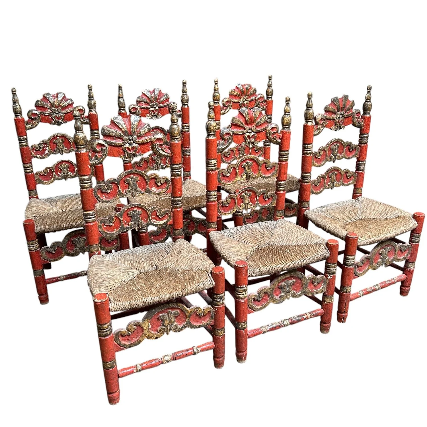 19th Victorian Red Work Layover Sham 朝 Six 19th Century Spanish Carved Red Lacquered Ladder Back Dining